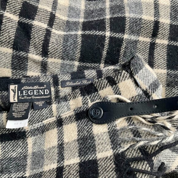Eddie Bauer Skirt Wool Plaid Maxi Black Cream Wrap Fringe Leather Buckle (10) - Picture 6 of 9